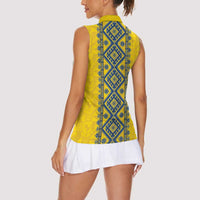 Blue Ukraine Folk Patterns Women Sleeveless Polo Shirt Simple Style