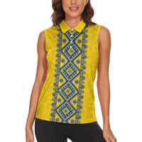 Blue Ukraine Folk Patterns Women Sleeveless Polo Shirt Simple Style