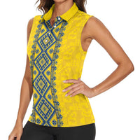 Blue Ukraine Folk Patterns Women Sleeveless Polo Shirt Simple Style