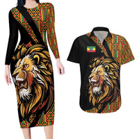 Ethiopia Couples Matching Long Sleeve Bodycon Dress and Hawaiian Shirt Ethiopian Lion Style Pattern - Wonder Print Shop