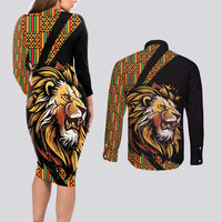 Ethiopia Couples Matching Long Sleeve Bodycon Dress and Long Sleeve Button Shirt Ethiopian Lion Style Pattern - Wonder Print Shop
