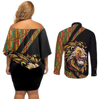 Ethiopia Couples Matching Off Shoulder Short Dress and Long Sleeve Button Shirt Ethiopian Lion Style Pattern - Wonder Print Shop