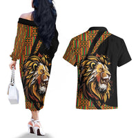 Ethiopia Couples Matching Off The Shoulder Long Sleeve Dress and Hawaiian Shirt Ethiopian Lion Style Pattern - Wonder Print Shop