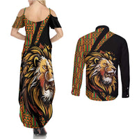 Ethiopia Couples Matching Summer Maxi Dress and Long Sleeve Button Shirt Ethiopian Lion Style Pattern - Wonder Print Shop