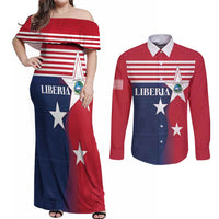 Liberia National Flag Day Couples Matching Off Shoulder Maxi Dress and Long Sleeve Button Shirt All Hail Liberia Hail