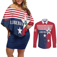 Liberia National Flag Day Couples Matching Off Shoulder Short Dress and Long Sleeve Button Shirt All Hail Liberia Hail