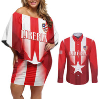 Custom Liberia Football Couples Matching Off Shoulder Short Dress and Long Sleeve Button Shirt Lone Stars Go Champion