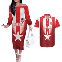Custom Liberia Football Couples Matching Off The Shoulder Long Sleeve Dress and Hawaiian Shirt Lone Stars Go Champion