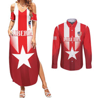 Custom Liberia Football Couples Matching Summer Maxi Dress and Long Sleeve Button Shirt Lone Stars Go Champion