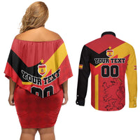 Custom Spain Football Couples Matching Off Shoulder Short Dress and Long Sleeve Button Shirt La Roja Go Champion - Wonder Print Shop