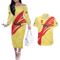 Custom Spain Football Couples Matching Off The Shoulder Long Sleeve Dress and Hawaiian Shirt Sport Style - Wonder Print Shop
