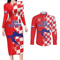 Custom Croatia Independence Day Couples Matching Long Sleeve Bodycon Dress and Long Sleeve Button Shirt Grunge Checkerboard Patterns With Map - Wonder Print Shop