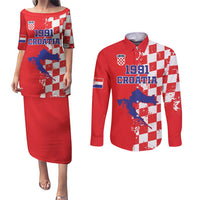 Custom Croatia Independence Day Couples Matching Puletasi and Long Sleeve Button Shirt Grunge Checkerboard Patterns With Map - Wonder Print Shop