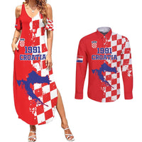Custom Croatia Independence Day Couples Matching Summer Maxi Dress and Long Sleeve Button Shirt Grunge Checkerboard Patterns With Map - Wonder Print Shop