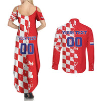 Custom Croatia Independence Day Couples Matching Summer Maxi Dress and Long Sleeve Button Shirt Grunge Checkerboard Patterns With Map - Wonder Print Shop