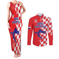 Custom Croatia Independence Day Couples Matching Tank Maxi Dress and Long Sleeve Button Shirt Grunge Checkerboard Patterns With Map - Wonder Print Shop