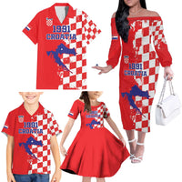 Custom Croatia Independence Day Family Matching Off The Shoulder Long Sleeve Dress and Hawaiian Shirt Grunge Checkerboard Patterns With Map - Wonder Print Shop