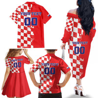 Custom Croatia Independence Day Family Matching Off The Shoulder Long Sleeve Dress and Hawaiian Shirt Grunge Checkerboard Patterns With Map - Wonder Print Shop