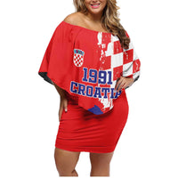 Custom Croatia Independence Day Family Matching Off Shoulder Short Dress and Hawaiian Shirt Grunge Checkerboard Patterns With Map - Wonder Print Shop