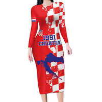 Custom Croatia Independence Day Long Sleeve Bodycon Dress Grunge Checkerboard Patterns With Map - Wonder Print Shop