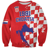 Custom Croatia Independence Day Sweatshirt Grunge Checkerboard Patterns With Map - Wonder Print Shop