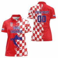 Custom Croatia Independence Day Women Polo Shirt Grunge Checkerboard Patterns With Map - Wonder Print Shop