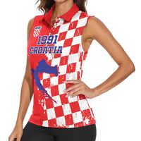 Custom Croatia Independence Day Women Sleeveless Polo Shirt Grunge Checkerboard Patterns With Map - Wonder Print Shop