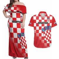 Custom Croatia Checkerboard Couples Matching Off Shoulder Maxi Dress and Hawaiian Shirt With Coat Of Arms - Wonder Print Shop