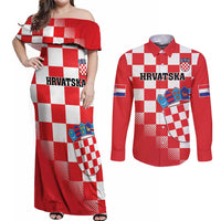 Custom Croatia Checkerboard Couples Matching Off Shoulder Maxi Dress and Long Sleeve Button Shirt With Coat Of Arms - Wonder Print Shop