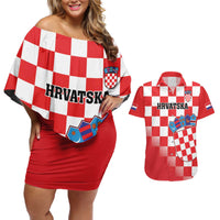 Custom Croatia Checkerboard Couples Matching Off Shoulder Short Dress and Hawaiian Shirt With Coat Of Arms - Wonder Print Shop