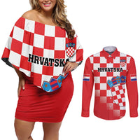 Custom Croatia Checkerboard Couples Matching Off Shoulder Short Dress and Long Sleeve Button Shirt With Coat Of Arms - Wonder Print Shop