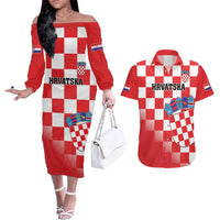 Custom Croatia Checkerboard Couples Matching Off The Shoulder Long Sleeve Dress and Hawaiian Shirt With Coat Of Arms - Wonder Print Shop