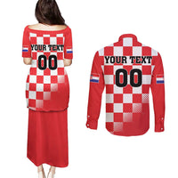 Custom Croatia Checkerboard Couples Matching Puletasi and Long Sleeve Button Shirt With Coat Of Arms - Wonder Print Shop