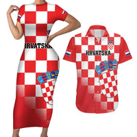 Custom Croatia Checkerboard Couples Matching Short Sleeve Bodycon Dress and Hawaiian Shirt With Coat Of Arms - Wonder Print Shop