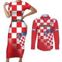 Custom Croatia Checkerboard Couples Matching Short Sleeve Bodycon Dress and Long Sleeve Button Shirt With Coat Of Arms - Wonder Print Shop