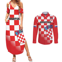 Custom Croatia Checkerboard Couples Matching Summer Maxi Dress and Long Sleeve Button Shirt With Coat Of Arms - Wonder Print Shop