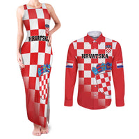 Custom Croatia Checkerboard Couples Matching Tank Maxi Dress and Long Sleeve Button Shirt With Coat Of Arms - Wonder Print Shop