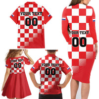 Custom Croatia Checkerboard Family Matching Long Sleeve Bodycon Dress and Hawaiian Shirt With Coat Of Arms - Wonder Print Shop
