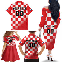 Custom Croatia Checkerboard Family Matching Off The Shoulder Long Sleeve Dress and Hawaiian Shirt With Coat Of Arms - Wonder Print Shop
