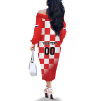 Custom Croatia Checkerboard Family Matching Off The Shoulder Long Sleeve Dress and Hawaiian Shirt With Coat Of Arms - Wonder Print Shop