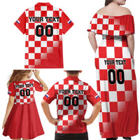 Custom Croatia Checkerboard Family Matching Off Shoulder Maxi Dress and Hawaiian Shirt With Coat Of Arms - Wonder Print Shop