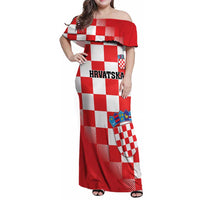 Custom Croatia Checkerboard Family Matching Off Shoulder Maxi Dress and Hawaiian Shirt With Coat Of Arms - Wonder Print Shop