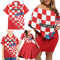 Custom Croatia Checkerboard Family Matching Off Shoulder Short Dress and Hawaiian Shirt With Coat Of Arms - Wonder Print Shop