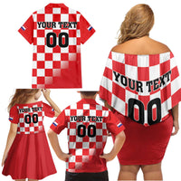 Custom Croatia Checkerboard Family Matching Off Shoulder Short Dress and Hawaiian Shirt With Coat Of Arms - Wonder Print Shop