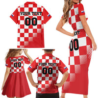 Custom Croatia Checkerboard Family Matching Short Sleeve Bodycon Dress and Hawaiian Shirt With Coat Of Arms - Wonder Print Shop