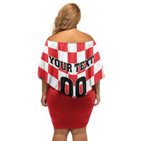 Custom Croatia Checkerboard Off Shoulder Short Dress With Coat Of Arms - Wonder Print Shop