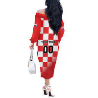 Custom Croatia Checkerboard Off The Shoulder Long Sleeve Dress With Coat Of Arms - Wonder Print Shop