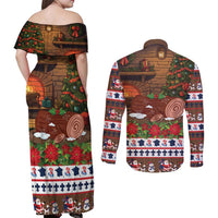 France Christmas Couples Matching Off Shoulder Maxi Dress and Long Sleeve Button Shirt Buche De Noel - Wonder Print Shop