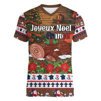 France Christmas Women V-Neck T-Shirt Buche De Noel - Wonder Print Shop