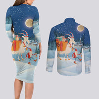 Sweden christmas Couples Matching Long Sleeve Bodycon Dress and Long Sleeve Button Shirt Scandinavian Tomte and Yule Goat Christmas - Wonder Print Shop